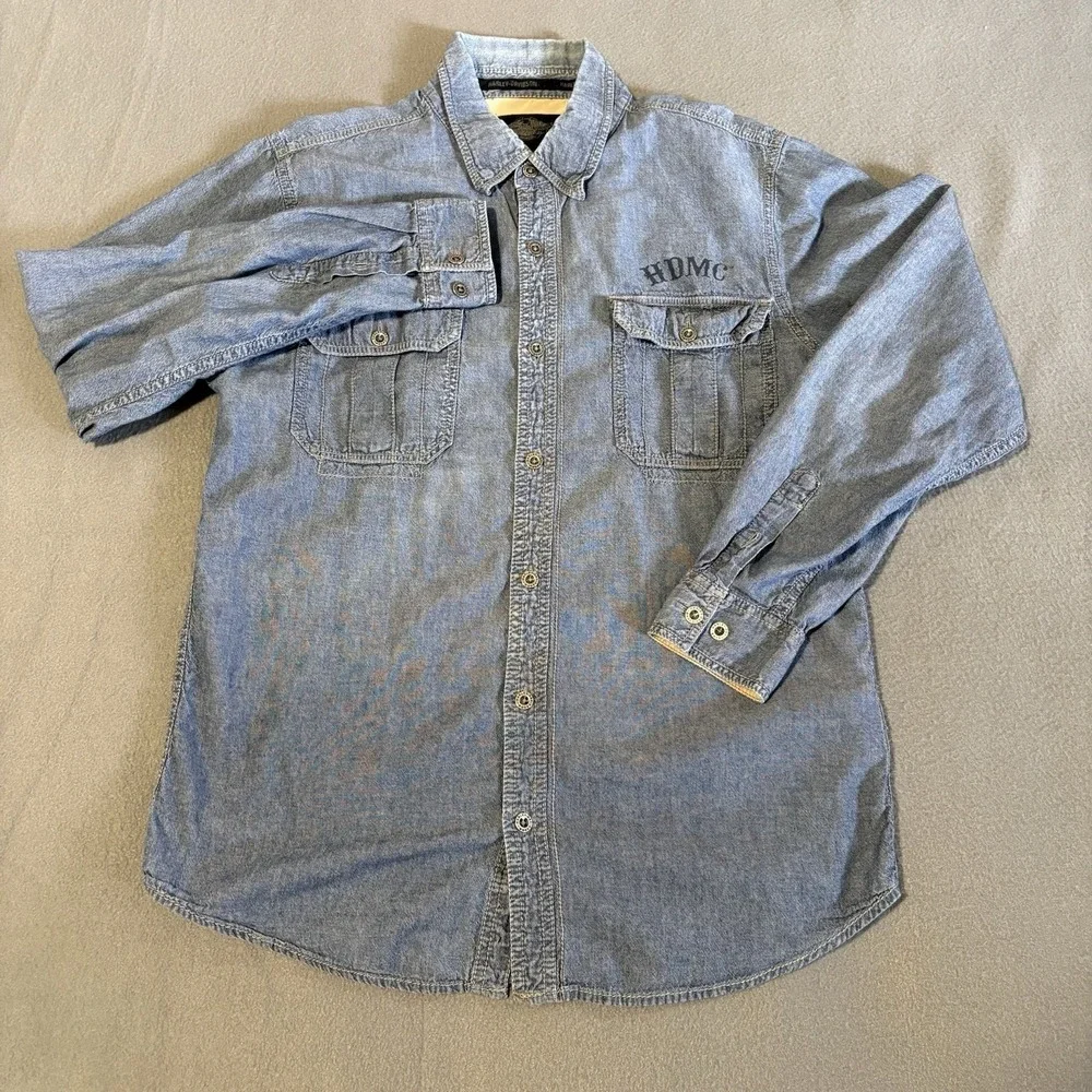 Harley Davidson Denim Shirt Men M Blue Biker Graphic Print Skull Logo‎ Y2K